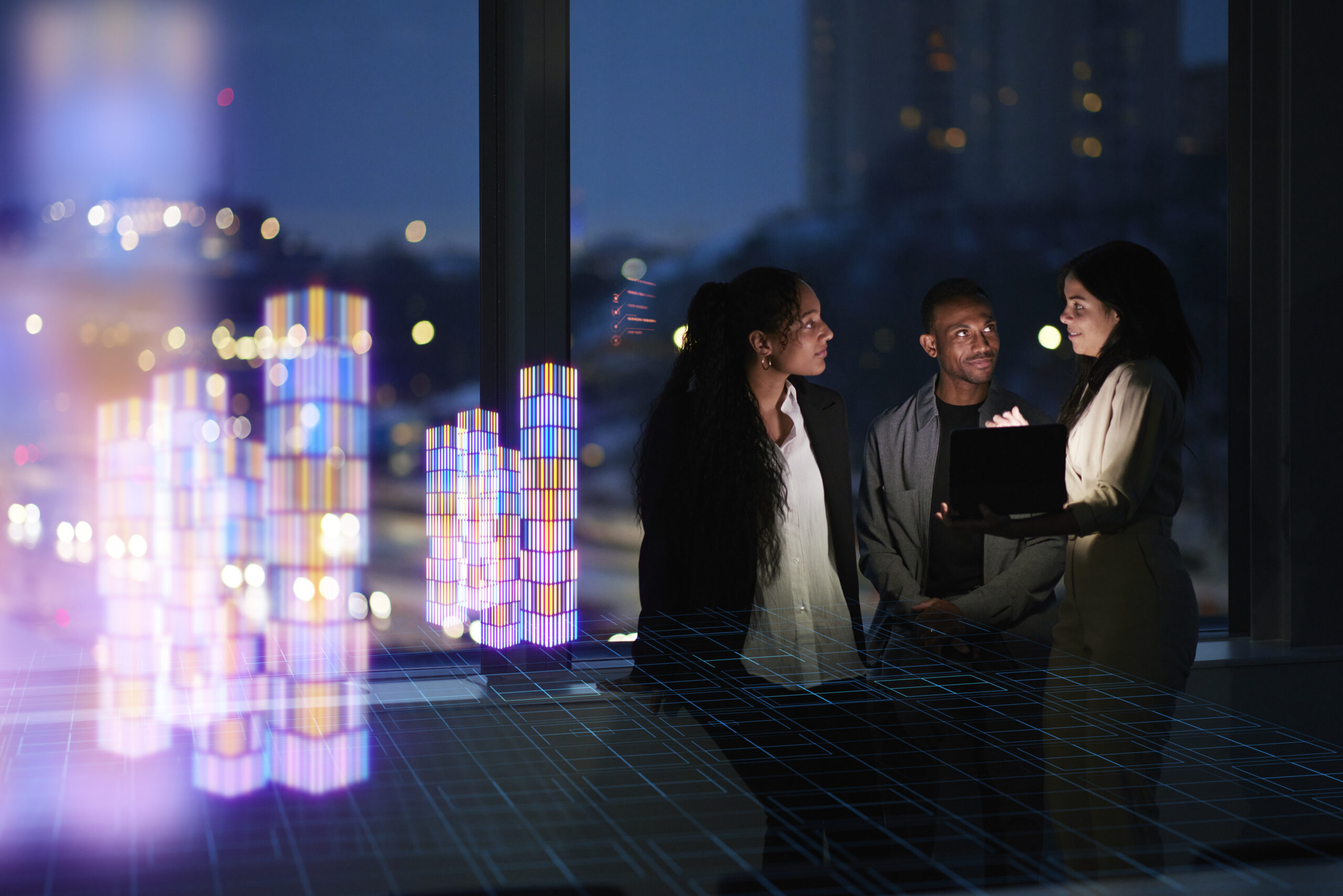 Team in an office at night