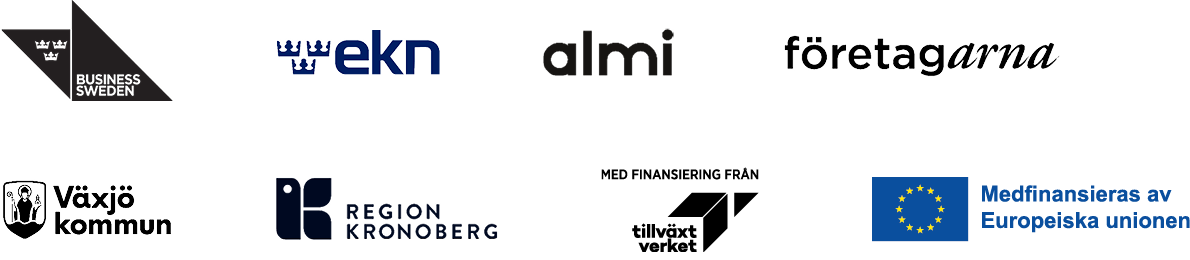 Arrangörernas logotyper: Business Sweden, EKN, Almi, Företagarna, Växjö kommun, Region Kronoberg med finansiering från Tillväxtverket och EU.